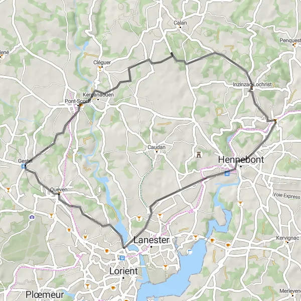 Miniature de la carte de l'inspiration cycliste "Balade Pont-Scorff - Gestel" dans la Bretagne, France. Générée par le planificateur d'itinéraire cycliste Tarmacs.app