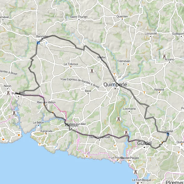Miniature de la carte de l'inspiration cycliste "Parcours Guidel - Gestel" dans la Bretagne, France. Générée par le planificateur d'itinéraire cycliste Tarmacs.app