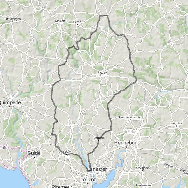 Miniature de la carte de l'inspiration cycliste "Parcours à vélo à travers les villages de Bretagne" dans la Bretagne, France. Générée par le planificateur d'itinéraire cycliste Tarmacs.app