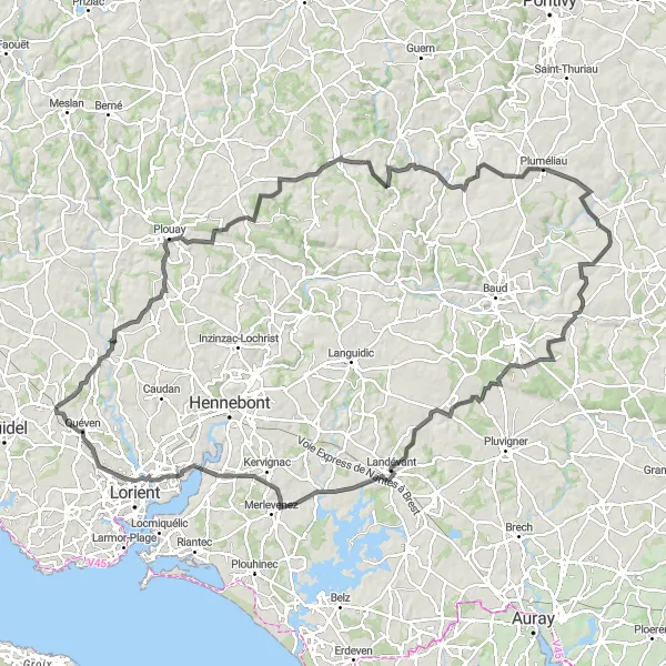 Miniature de la carte de l'inspiration cycliste "Excursion cycliste à travers la campagne bretonne" dans la Bretagne, France. Générée par le planificateur d'itinéraire cycliste Tarmacs.app