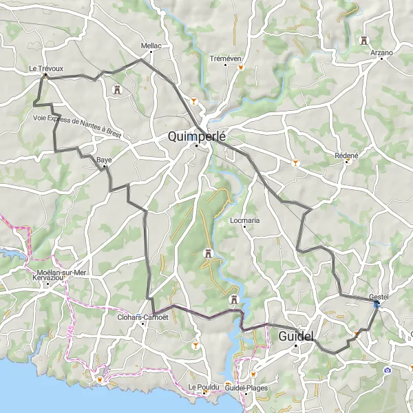 Miniature de la carte de l'inspiration cycliste "Balade à vélo le long de la côte bretonne" dans la Bretagne, France. Générée par le planificateur d'itinéraire cycliste Tarmacs.app