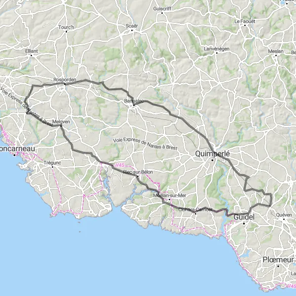Miniature de la carte de l'inspiration cycliste "Boucle à vélo autour de Moëlan-sur-Mer" dans la Bretagne, France. Générée par le planificateur d'itinéraire cycliste Tarmacs.app