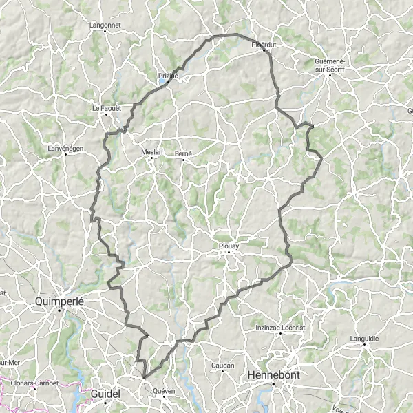 Miniature de la carte de l'inspiration cycliste "Parcours Rédené - Lanvaudan" dans la Bretagne, France. Générée par le planificateur d'itinéraire cycliste Tarmacs.app