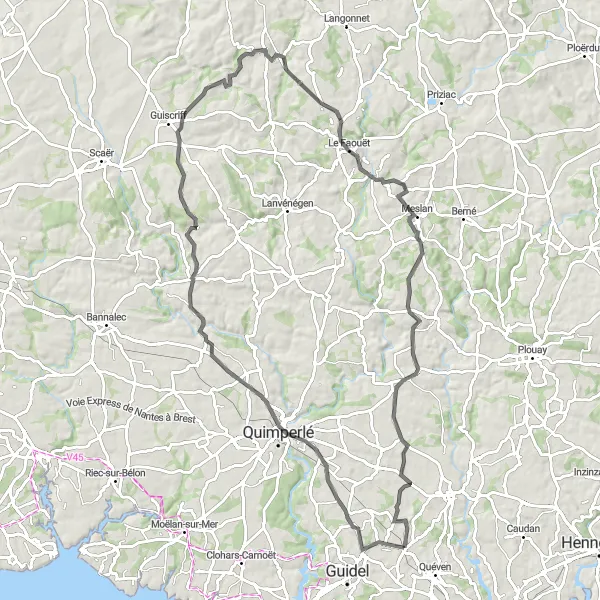 Miniature de la carte de l'inspiration cycliste "Boucle Gestel - Moustoiric" dans la Bretagne, France. Générée par le planificateur d'itinéraire cycliste Tarmacs.app