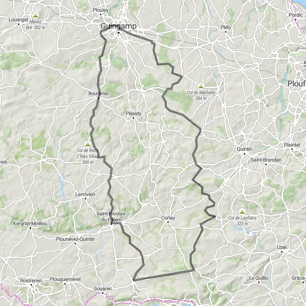 Miniature de la carte de l'inspiration cycliste "Circuit autour de Grâces: Guingamp et Saint-Nicolas-du-Pélem" dans la Bretagne, France. Générée par le planificateur d'itinéraire cycliste Tarmacs.app