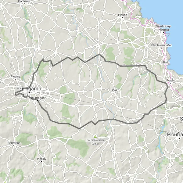 Miniature de la carte de l'inspiration cycliste "Escapade bretonne: Pabu et Ploumagoar" dans la Bretagne, France. Générée par le planificateur d'itinéraire cycliste Tarmacs.app