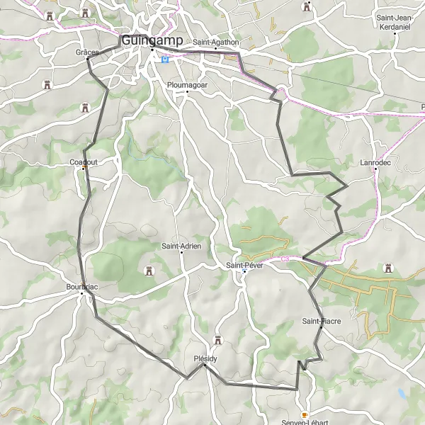 Map miniature of "Bourbriac Express" cycling inspiration in Bretagne, France. Generated by Tarmacs.app cycling route planner