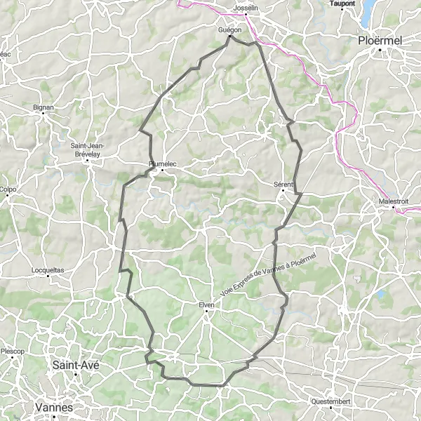 Map miniature of "Up Hill Thrills in Saint-Guyomard" cycling inspiration in Bretagne, France. Generated by Tarmacs.app cycling route planner