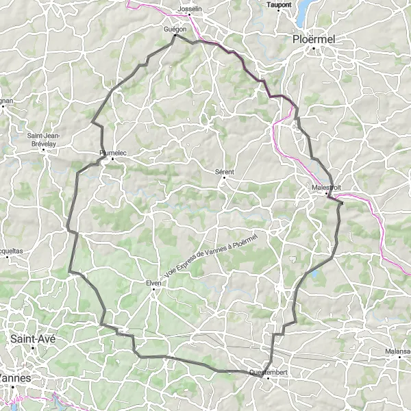 Map miniature of "Cycling Tour in Guégon Countryside" cycling inspiration in Bretagne, France. Generated by Tarmacs.app cycling route planner