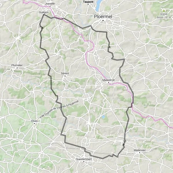 Map miniature of "Road Biking Adventure in Guégon" cycling inspiration in Bretagne, France. Generated by Tarmacs.app cycling route planner