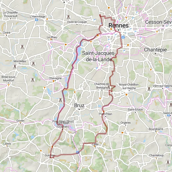 Map miniature of "Gravel Route: Guichen to Laillé" cycling inspiration in Bretagne, France. Generated by Tarmacs.app cycling route planner