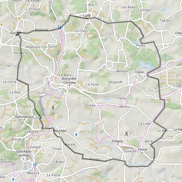 Map miniature of "Guichen to Pléchâtel Road Route" cycling inspiration in Bretagne, France. Generated by Tarmacs.app cycling route planner