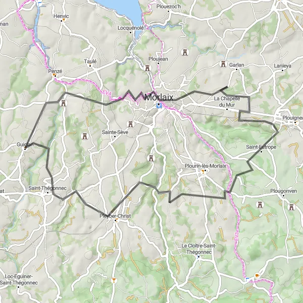 Map miniature of "Guiclan Countryside Loop" cycling inspiration in Bretagne, France. Generated by Tarmacs.app cycling route planner