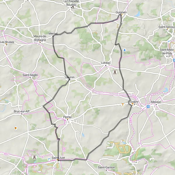 Map miniature of "Guignen Loop" cycling inspiration in Bretagne, France. Generated by Tarmacs.app cycling route planner