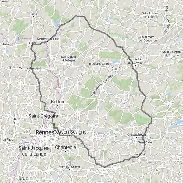 Map miniature of "Road Journey to Sens-de-Bretagne" cycling inspiration in Bretagne, France. Generated by Tarmacs.app cycling route planner