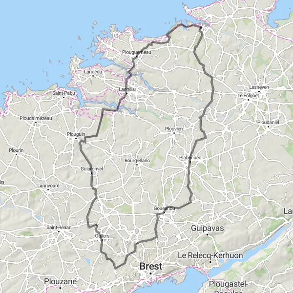 Miniature de la carte de l'inspiration cycliste "Boucle vers Tréglonou et Plouguerneau" dans la Bretagne, France. Générée par le planificateur d'itinéraire cycliste Tarmacs.app