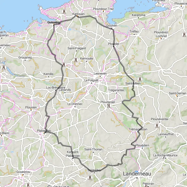 Miniature de la carte de l'inspiration cycliste "Aventure à travers Kersaint-Plabennec et Trémaouézan" dans la Bretagne, France. Générée par le planificateur d'itinéraire cycliste Tarmacs.app