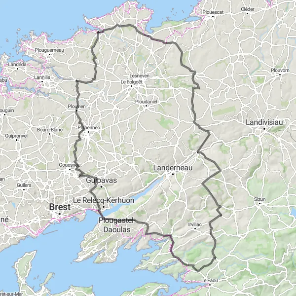 Miniature de la carte de l'inspiration cycliste "Le Tour des Monts d’Arrée et Daoulas" dans la Bretagne, France. Générée par le planificateur d'itinéraire cycliste Tarmacs.app