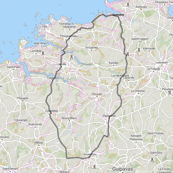 Miniature de la carte de l'inspiration cycliste "Itinéraire pittoresque vers Coat-Méal et Tréglonou" dans la Bretagne, France. Générée par le planificateur d'itinéraire cycliste Tarmacs.app