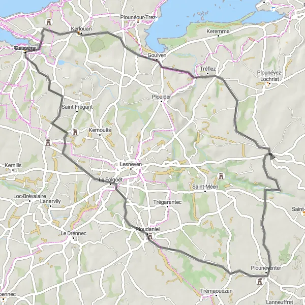 Miniature de la carte de l'inspiration cycliste "Balade à travers Lanhouarneau et Ploudaniel" dans la Bretagne, France. Générée par le planificateur d'itinéraire cycliste Tarmacs.app