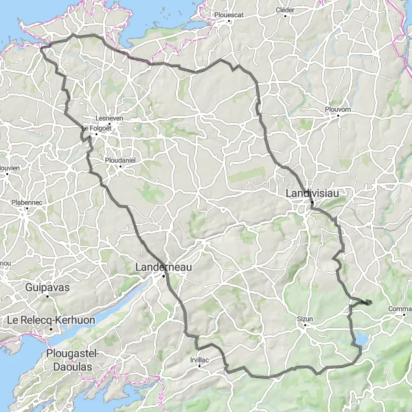 Miniature de la carte de l'inspiration cycliste "Parcours jusqu'au Manoir de Lesvern" dans la Bretagne, France. Générée par le planificateur d'itinéraire cycliste Tarmacs.app
