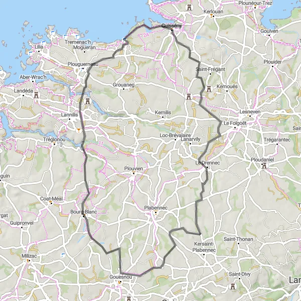 Miniature de la carte de l'inspiration cycliste "La Route du Manoir de Lesvern et Gouesnou" dans la Bretagne, France. Générée par le planificateur d'itinéraire cycliste Tarmacs.app