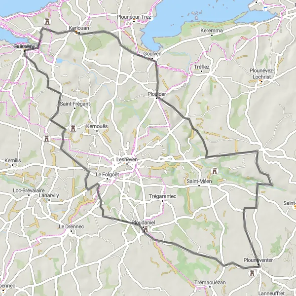 Miniature de la carte de l'inspiration cycliste "Le Circuit de Plouider et Ploudaniel" dans la Bretagne, France. Générée par le planificateur d'itinéraire cycliste Tarmacs.app