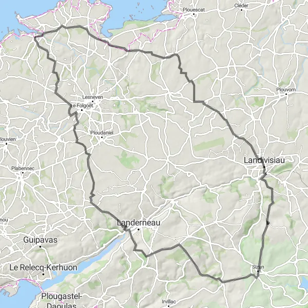 Miniature de la carte de l'inspiration cycliste "La Grande Boucle des Monts d’Arrée au Menez-Hom" dans la Bretagne, France. Générée par le planificateur d'itinéraire cycliste Tarmacs.app
