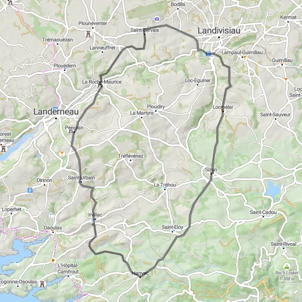 Map miniature of "Hanvec to Saint-Eloy Loop" cycling inspiration in Bretagne, France. Generated by Tarmacs.app cycling route planner