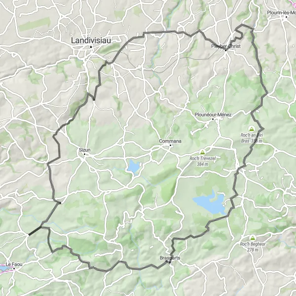 Map miniature of "The Feuillée and Roc'h Dourec Challenge" cycling inspiration in Bretagne, France. Generated by Tarmacs.app cycling route planner