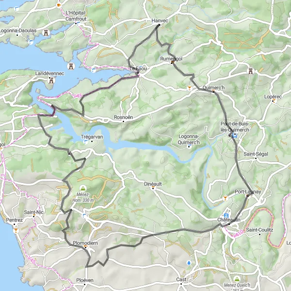 Map miniature of "Hanvec Loop" cycling inspiration in Bretagne, France. Generated by Tarmacs.app cycling route planner