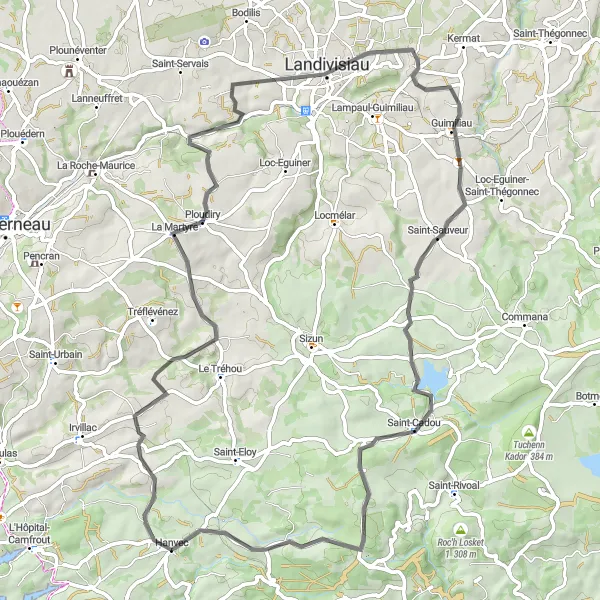 Map miniature of "La Martyre and Guimiliau Circuit" cycling inspiration in Bretagne, France. Generated by Tarmacs.app cycling route planner