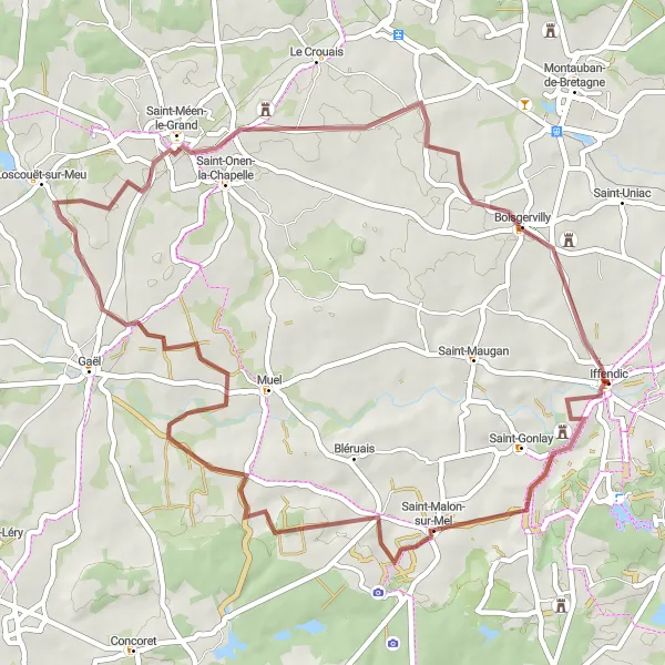 Miniature de la carte de l'inspiration cycliste "Les Vallées du Meu" dans la Bretagne, France. Générée par le planificateur d'itinéraire cycliste Tarmacs.app