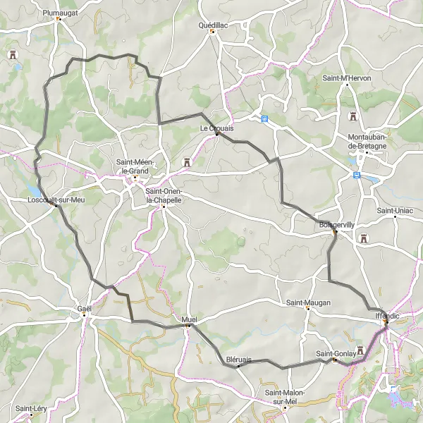 Miniature de la carte de l'inspiration cycliste "Boucle à vélo de route autour d'Iffendic" dans la Bretagne, France. Générée par le planificateur d'itinéraire cycliste Tarmacs.app