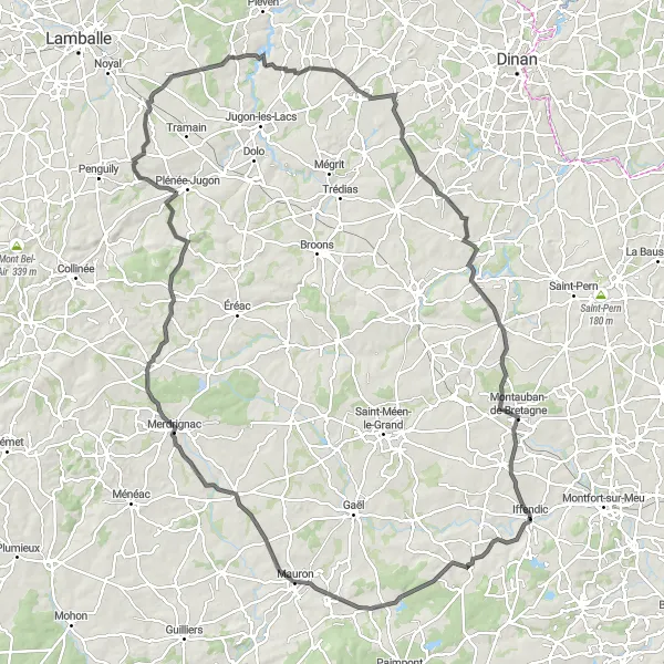 Miniature de la carte de l'inspiration cycliste "Les Collines de Brocéliande" dans la Bretagne, France. Générée par le planificateur d'itinéraire cycliste Tarmacs.app