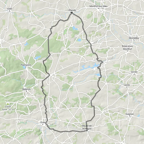 Miniature de la carte de l'inspiration cycliste "Boucle de Plélan-le-Grand" dans la Bretagne, France. Générée par le planificateur d'itinéraire cycliste Tarmacs.app