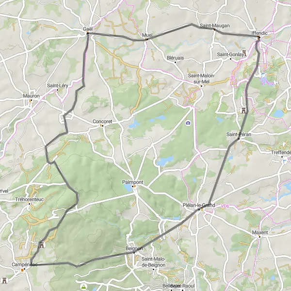 Miniature de la carte de l'inspiration cycliste "Les Vallons du Pays de Montauban" dans la Bretagne, France. Générée par le planificateur d'itinéraire cycliste Tarmacs.app