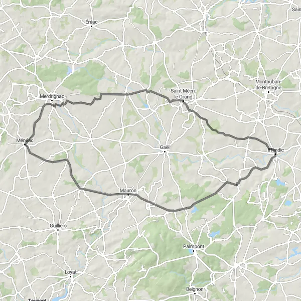 Miniature de la carte de l'inspiration cycliste "Escapade à Ménéac" dans la Bretagne, France. Générée par le planificateur d'itinéraire cycliste Tarmacs.app