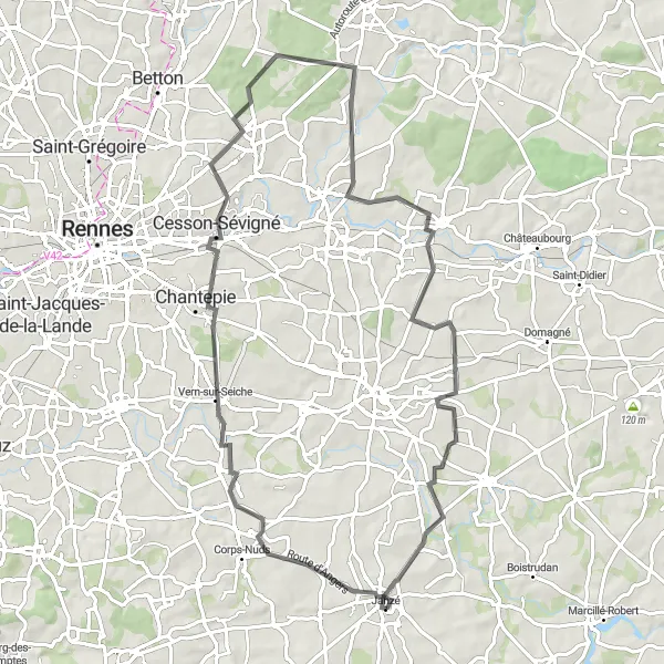 Map miniature of "Picturesque Road Cycling Tour from Janzé" cycling inspiration in Bretagne, France. Generated by Tarmacs.app cycling route planner