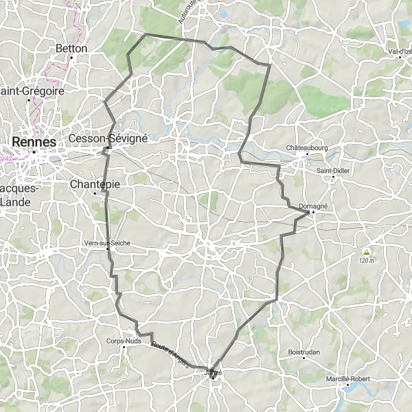 Miniature de la carte de l'inspiration cycliste "Le Tour des Châteaux et Villages Road Circuit" dans la Bretagne, France. Générée par le planificateur d'itinéraire cycliste Tarmacs.app