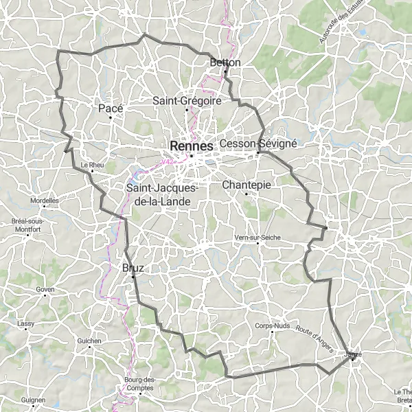 Map miniature of "Janzé to Domloup Loop" cycling inspiration in Bretagne, France. Generated by Tarmacs.app cycling route planner