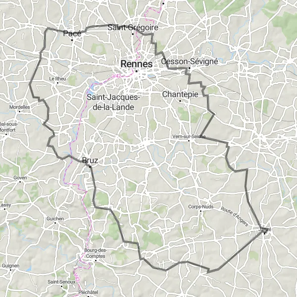 Miniature de la carte de l'inspiration cycliste "Tour de la Vallée de la Vilaine" dans la Bretagne, France. Générée par le planificateur d'itinéraire cycliste Tarmacs.app