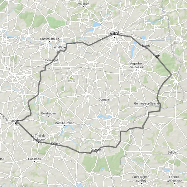 Map miniature of "Piré-sur-Seiche to Retiers Loop" cycling inspiration in Bretagne, France. Generated by Tarmacs.app cycling route planner