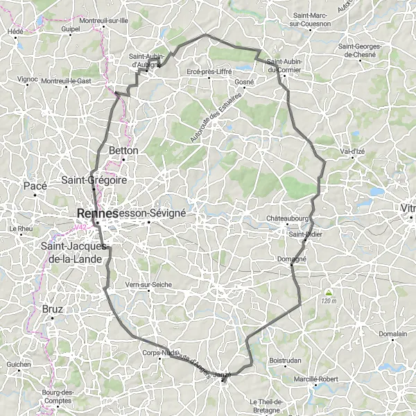 Miniature de la carte de l'inspiration cycliste "Parcours à travers Rennes et ses environs" dans la Bretagne, France. Générée par le planificateur d'itinéraire cycliste Tarmacs.app