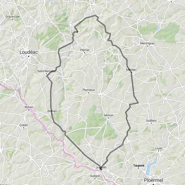 Miniature de la carte de l'inspiration cycliste "Parcours de 91 km près de Josselin" dans la Bretagne, France. Générée par le planificateur d'itinéraire cycliste Tarmacs.app
