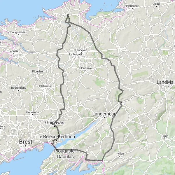 Map miniature of "Kerlouan to Saint-Frégant Road Cycling Route" cycling inspiration in Bretagne, France. Generated by Tarmacs.app cycling route planner