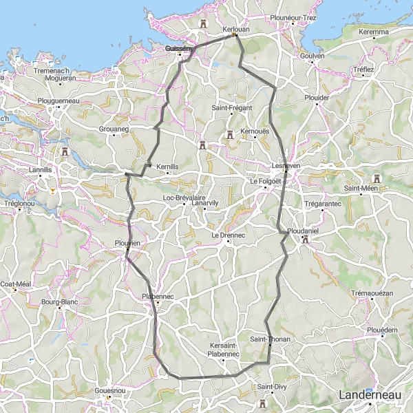 Map miniature of "Circuit vers Guissény" cycling inspiration in Bretagne, France. Generated by Tarmacs.app cycling route planner