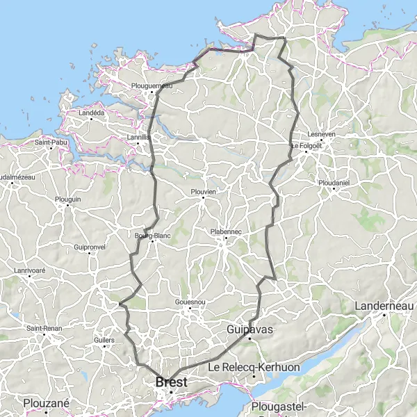 Map miniature of "Boucle autour de Plouguerneau" cycling inspiration in Bretagne, France. Generated by Tarmacs.app cycling route planner