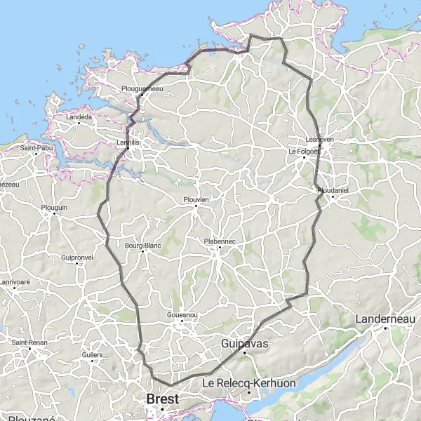 Map miniature of "Kerlouan to Lannilis Road Cycling Route" cycling inspiration in Bretagne, France. Generated by Tarmacs.app cycling route planner