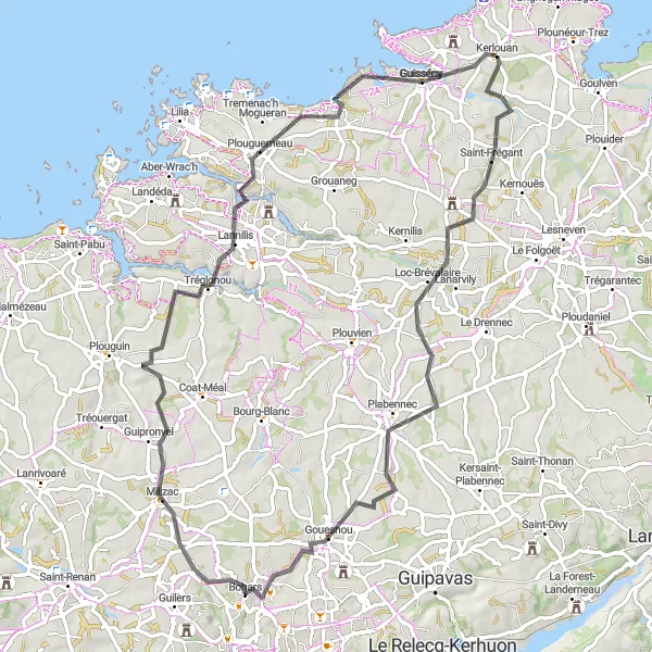 Map miniature of "Boucle vers Plouguerneau" cycling inspiration in Bretagne, France. Generated by Tarmacs.app cycling route planner